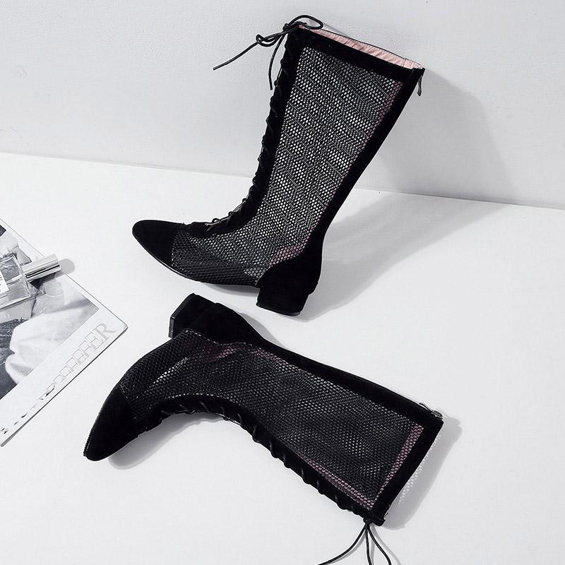 Damen Niedrigabsatz Netzstiefel Frühling und Sommer Neue Dickabsatz Netzstiefel Sexy Vielseitig Große Größe Kerl Coole Stiefel