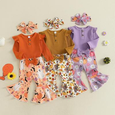 Baby Mädchen Halloween Rüschenärmel Strampler mit Geist/Kürbis Hose & Stirnband - 3-teiliges Set