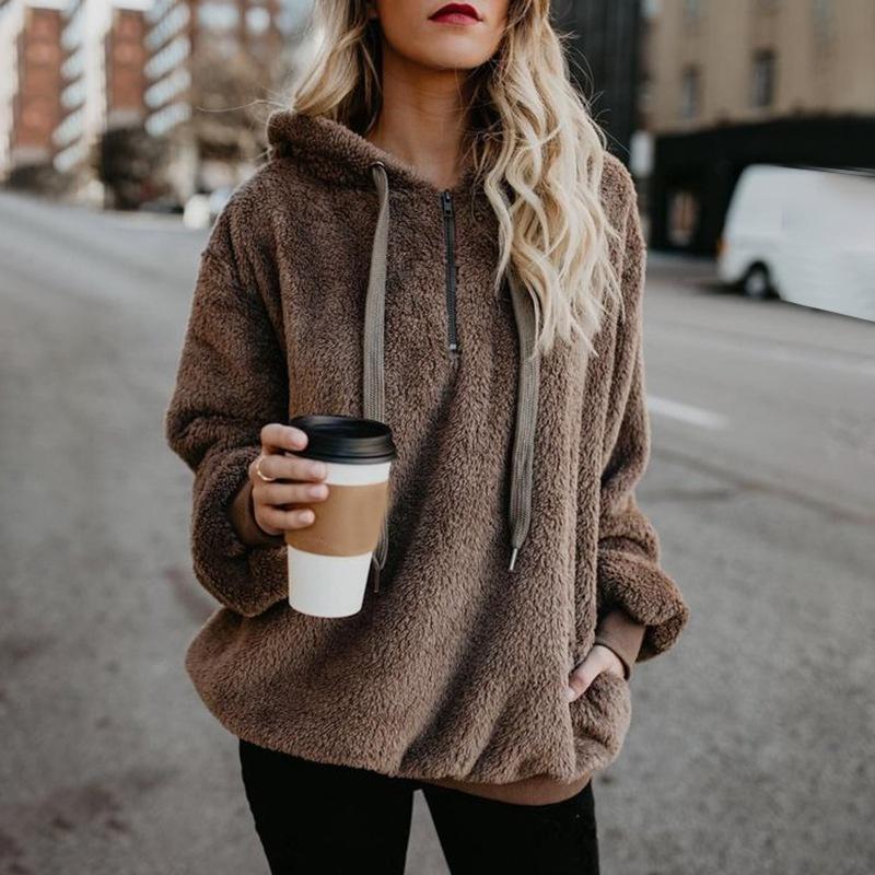 Women's Fashion Winter Fleeces Warm Plush Hooded Hoodies Loose Casual Solid Color Jacket Pullovers Plus