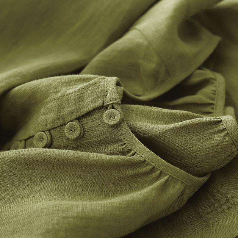 Summer new cotton and linen yarn-dyed literary and casual round neck shoulder sleeves loose dress women's clothing