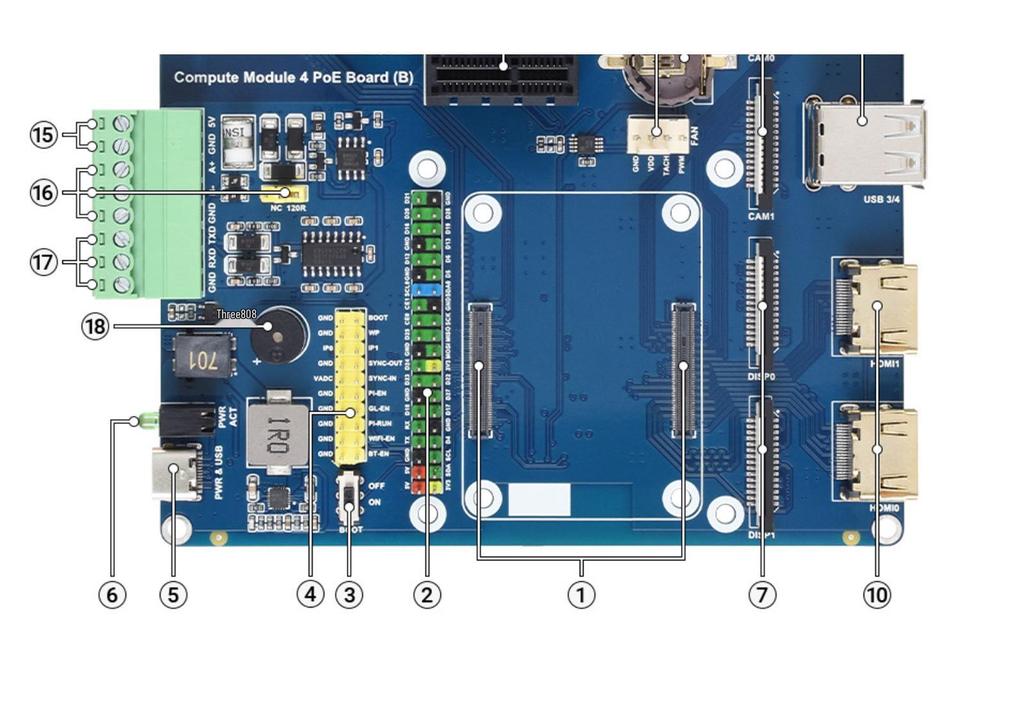 MicroSnow PoE Expansion Board Type B for Raspberry Pi CM4 with Dual DSI/CSI, Quad USB, and Case.