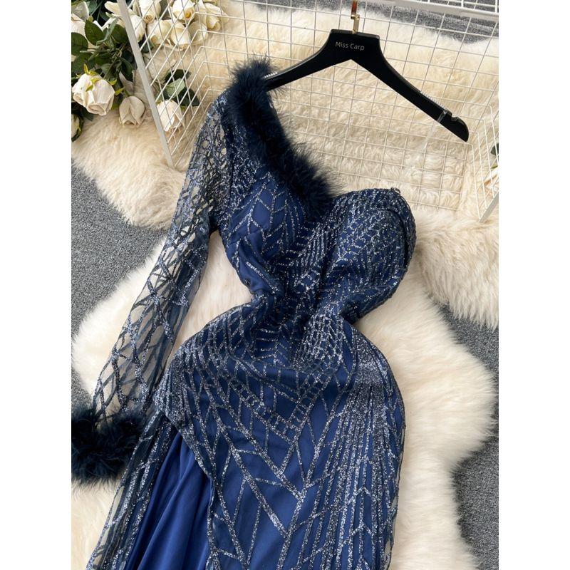Sloping Shoulder Dress Ins Feather Sequins Long Dress