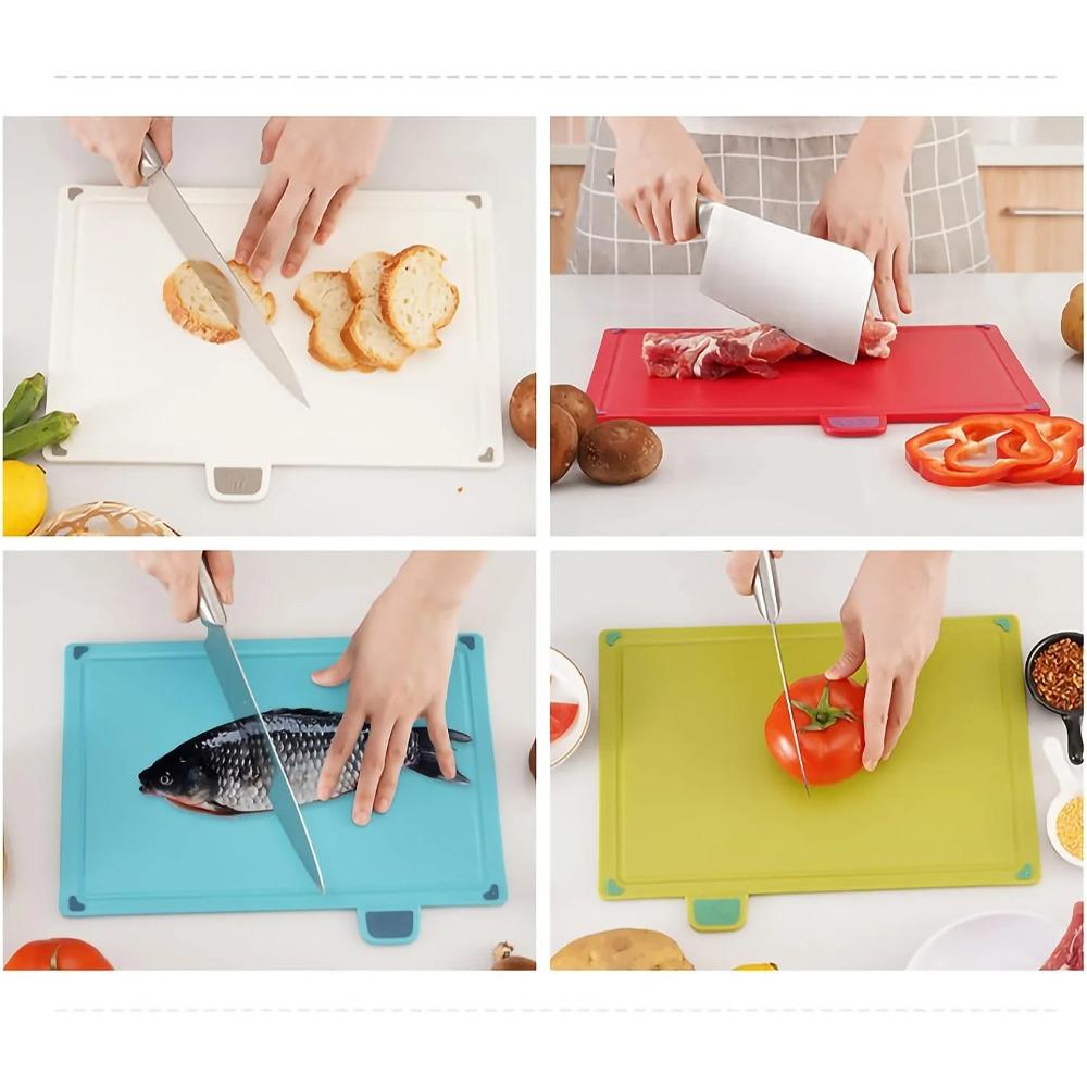 Planches à découper de cuisine, set de 4 planches à découper en plastique, grandes planches à découper de cuisine avec support de rangement, lavables au lave-vaisselle (quatre couleurs), 1 jeu