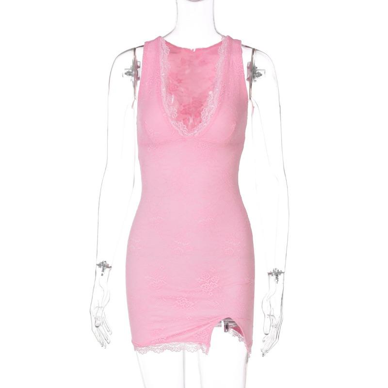 

Женское летнее модное сексуальное платье с V-образным вырезом и кружевным разрезом, сумка на бедрах, повседневные платья для женщин M розовый