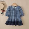 ZANZEA Women Plaid Print Casual Round Neck Half Sleeve Splice Blouse