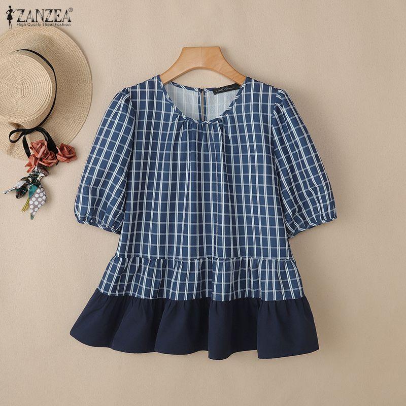 ZANZEA Women Plaid Print Casual Round Neck Half Sleeve Splice Blouse