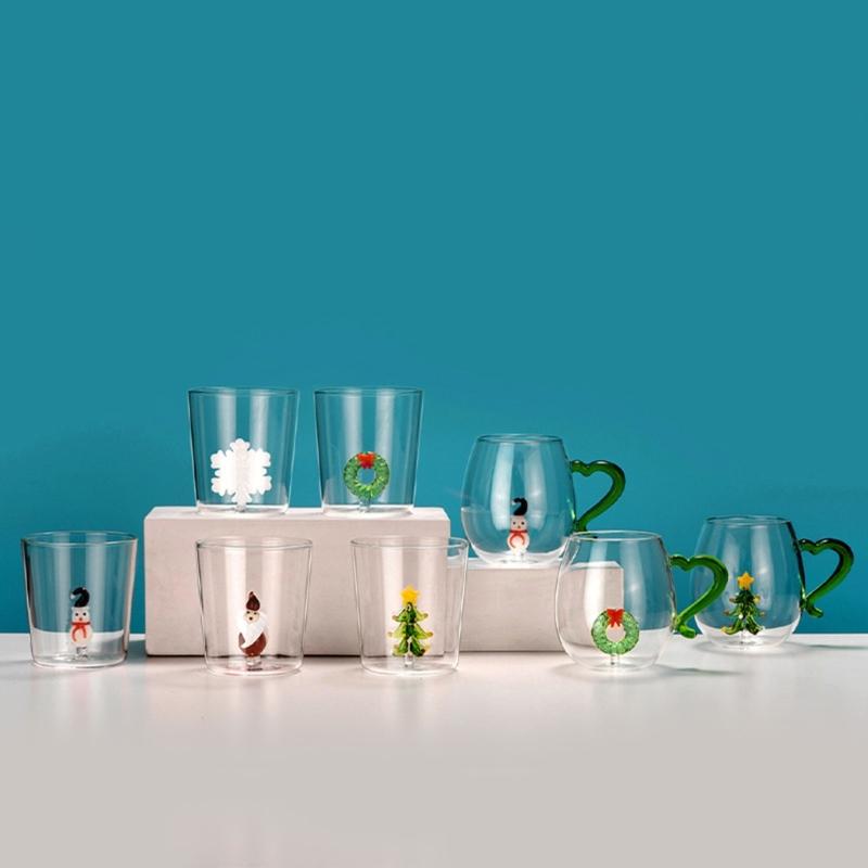 Decorative Christmas Glass Cup Christmas Party 3D Glass Mug Practical Festival Pattern Embellished Glass Mugs
