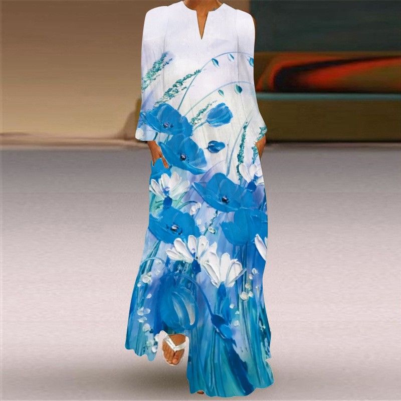 New Chinese Style Chinese Style Skirt Elegant Sexy Long Sleeves 3D Print Long Skirt Loose Plus Size Women's Clothing Long Dress