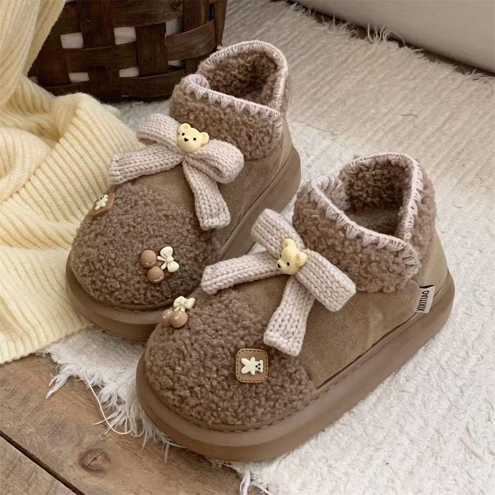 High-value Cute Bear Bow Lamb Wool Parent-child Snow Boots Women's Velvet Thickened Bottom Warm 2468