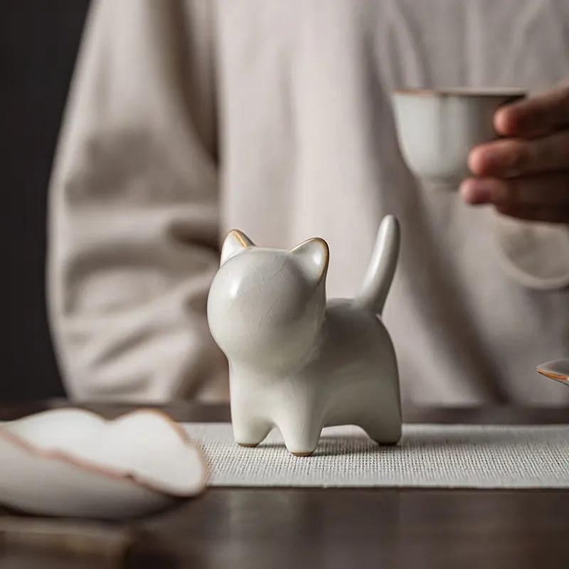Creative Cat Cream Ru Kiln Ceramic Tea Pet Cute Cat Tea Play Ornaments Can Raise Chinese Art Pen Holder Teapot Lid Stand Tea Set