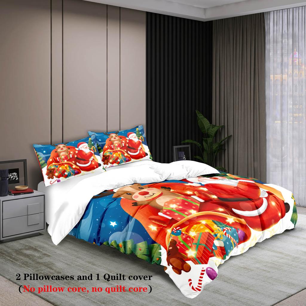3pcs Santa Claus Reindeer Red Printed Coreless Bedding Set, Soft and Comfortable, Multi Size Dormitory Bedroom, Machine Washable