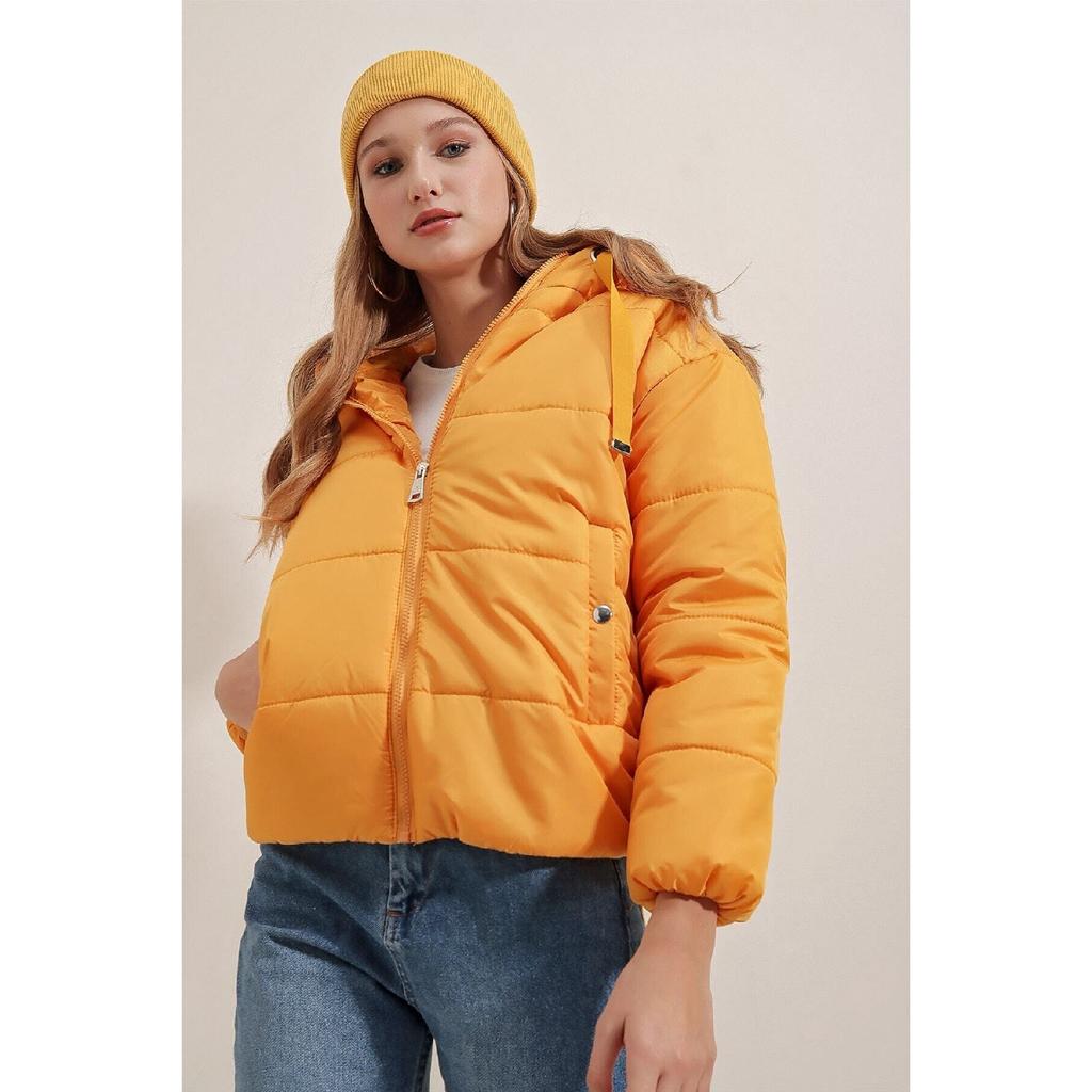 Schwarzer Puffermantel mit Kapuze und Tunnelzug für Damen Hzl22w-bd151171