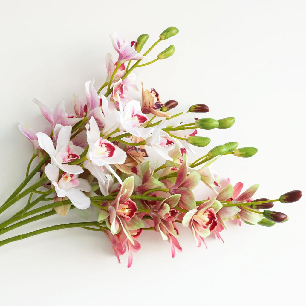 Gelber Künstlicher Cymbidium-Orchideenstiel, Kunstorchidee mit Blüten & Knospen, Kunstblume für Heimvasendekor