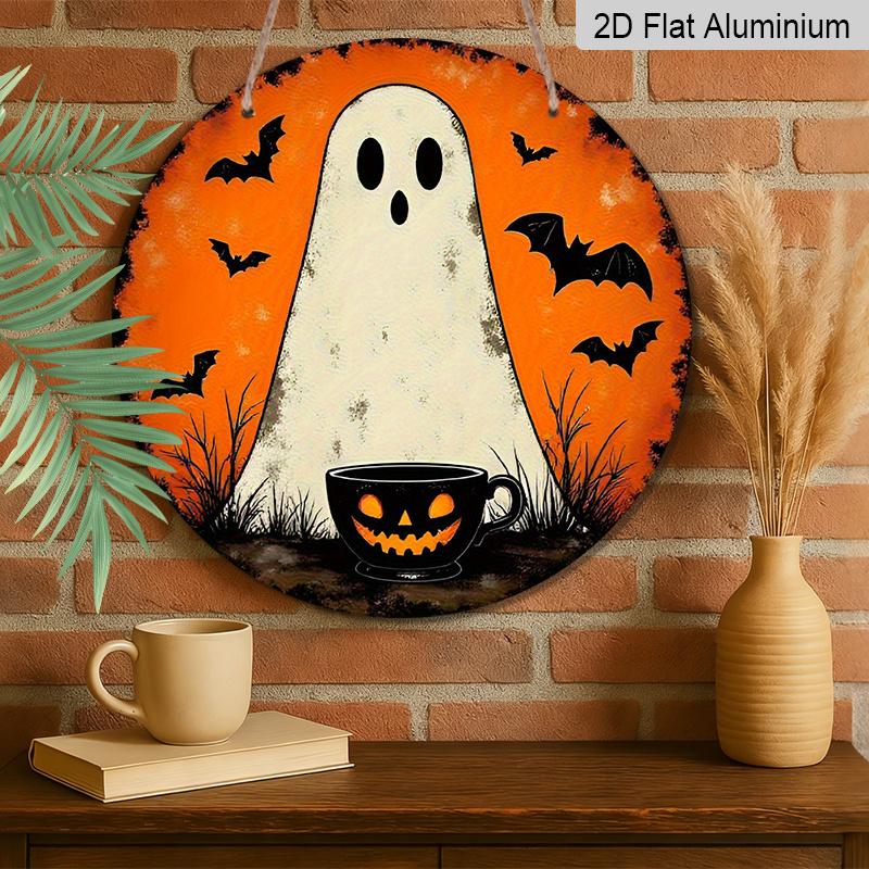 2D Flat, 1pc Cute Ghost Bat Pumpkin Mug Round Aluminum Wall Plaque, Halloween Horror Element Craft Sign, Indoor Outdoor Hanging Seasonal Decor