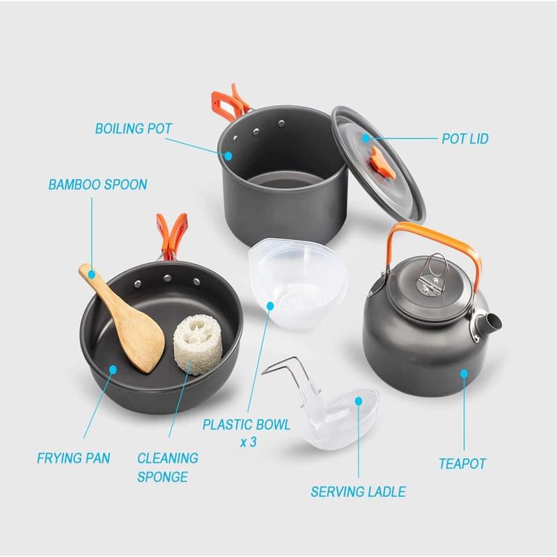 Outdoor Camping Cookware Kit, Aluminum Cooking Set, Water Kettle, Pan Pot, Travelling Hiking, Picnic BBQ Tableware, Picnic Equip