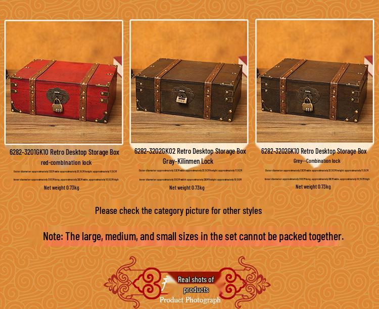 Retro Wooden Rectangular Storage Box Set with Lock - Creative Organizer & Decorative Props