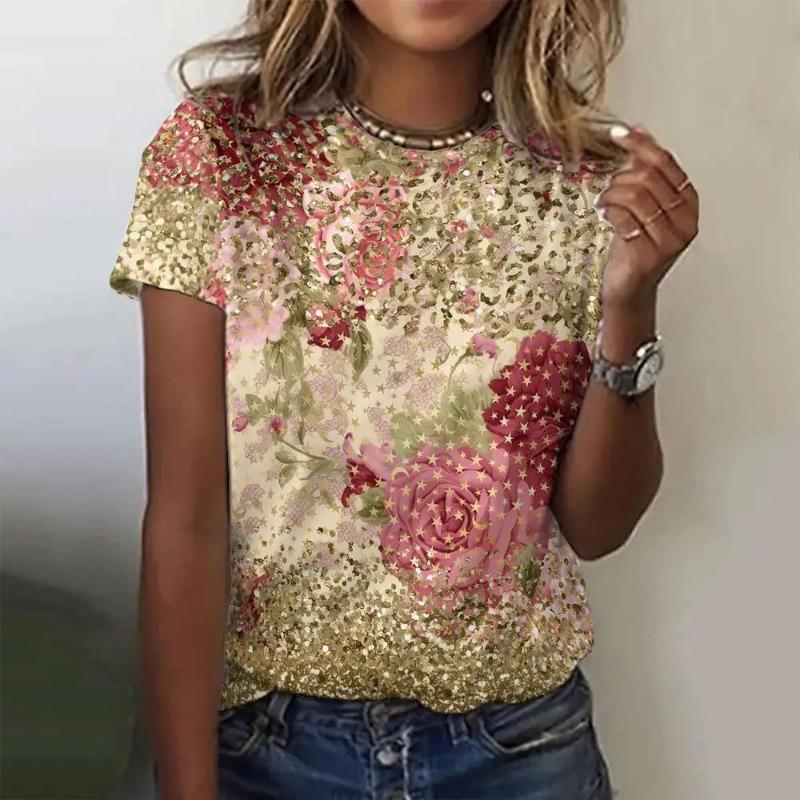 Tricou colorat de vară pentru femei, model imprimat la modă, cu gât rotund, mânecă scurtă, largi, confortabile, îmbrăcăminte de sus, tricou pentru femei