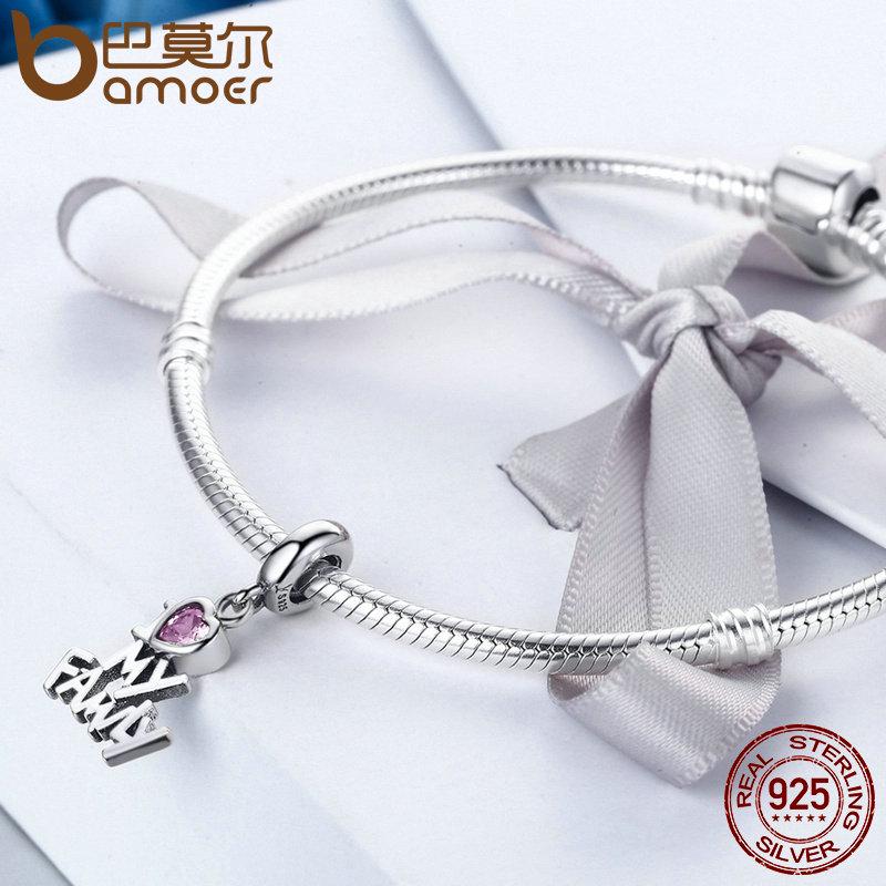 Bamoer Genuine 925 Sterling Silver I Love My Family Heart Dangle Charms Fit Women Charm Bracelets