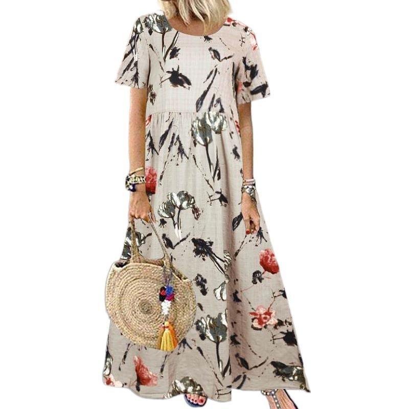 Summer women's new ethnic style retro printing round neck short sleeve large size loose long dress