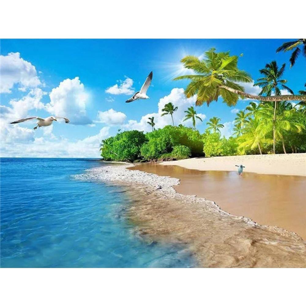 5D Full Square Diamond Painting Seaside Rhinestone Kit Diamond Embroidery Kit Landscape Coconut Tree Handicraft Wall Art