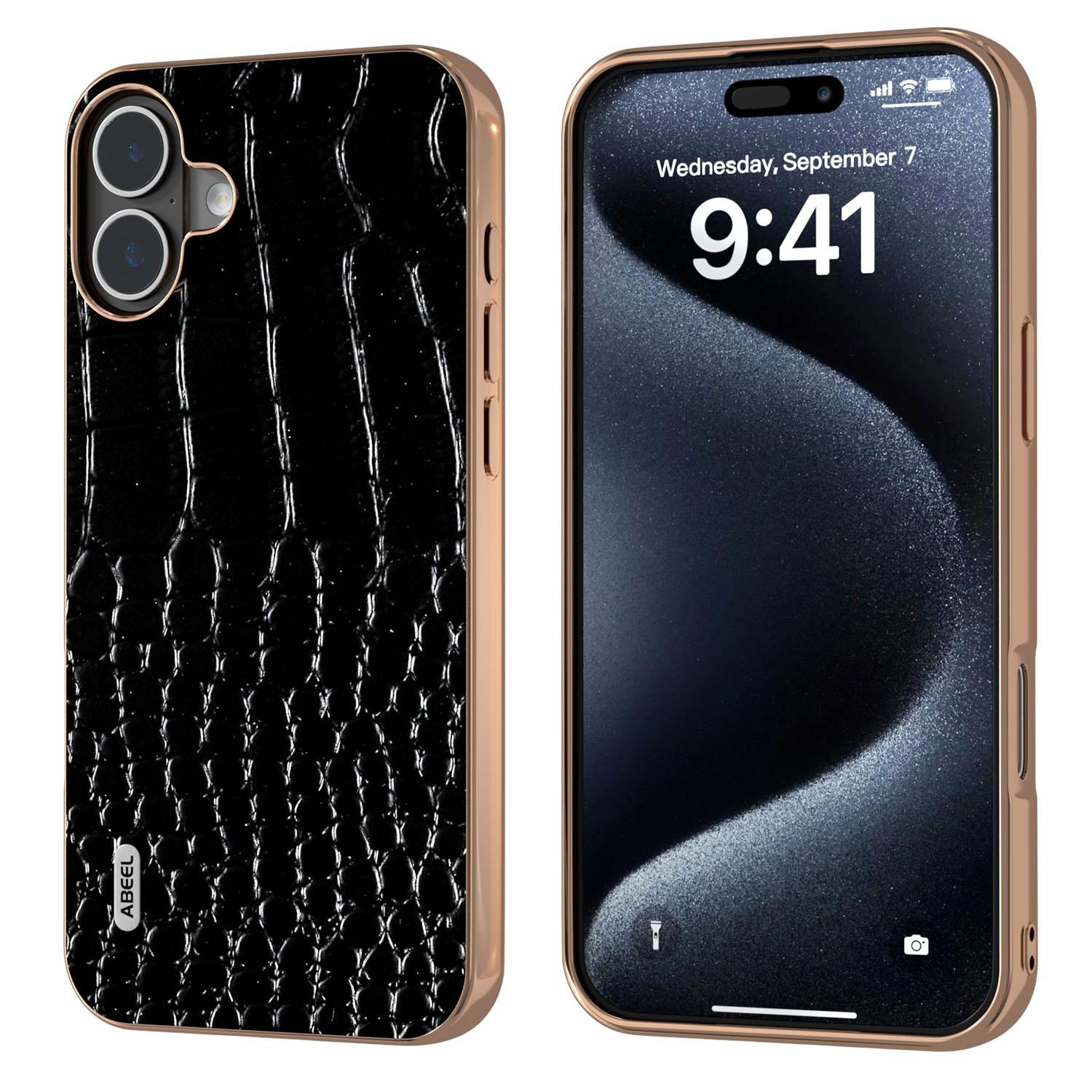 

ABEEL For iPhone 16 Case Electroplating Edge Crocodile Texture Genuine Cow Leather Back Phone Cover Black