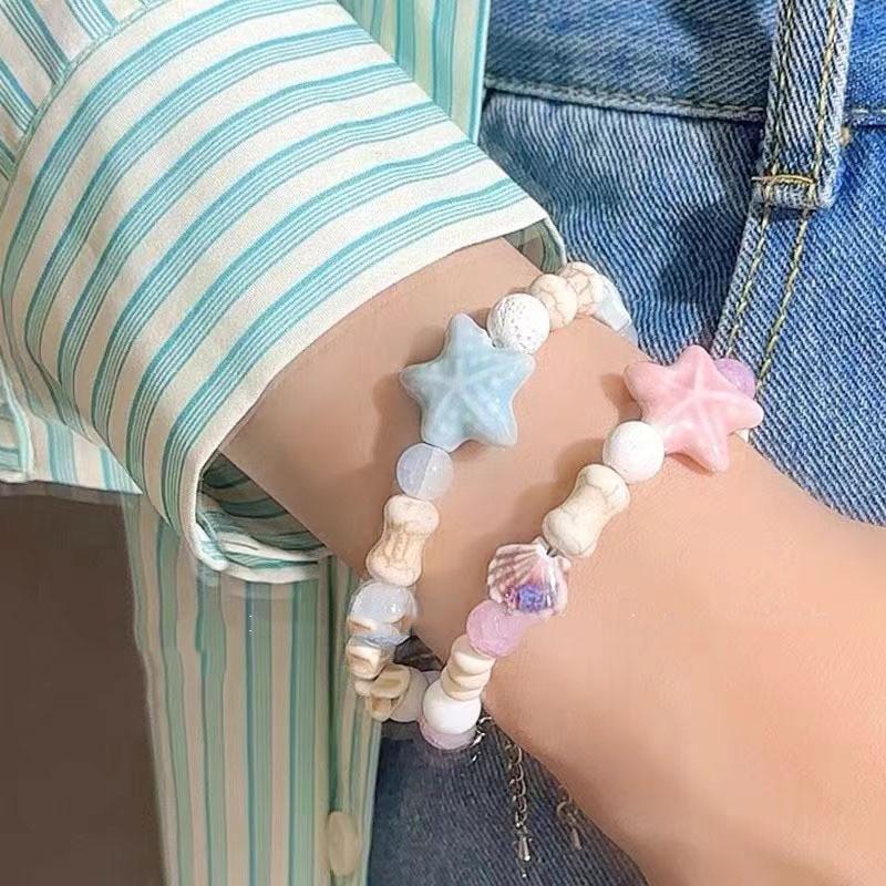 Charming Pink Ceramic Starfish And Shell Beaded Bracelet For Couples And Friends 2024 Summer Trend