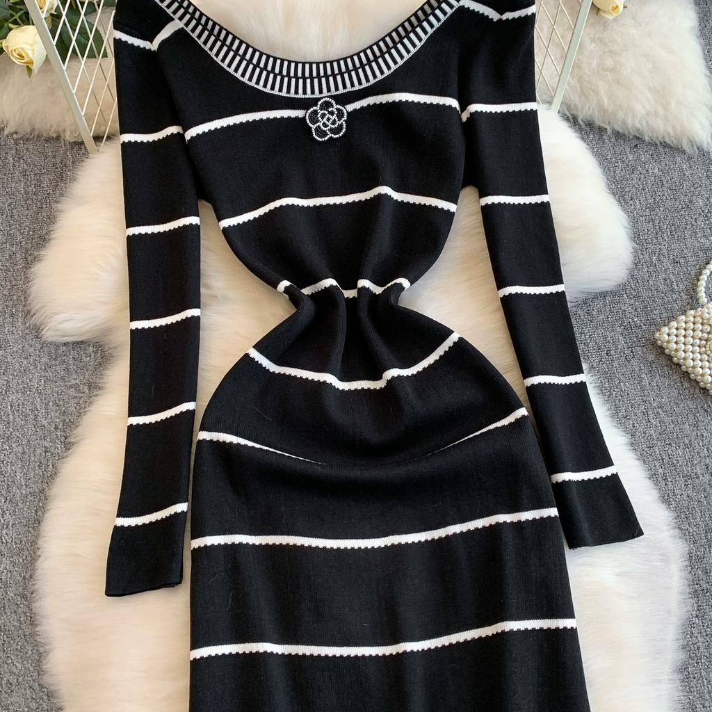 Spring Autumn Women Casual O-neck Beading Striped Knitted Sweater Long Midi Dresses