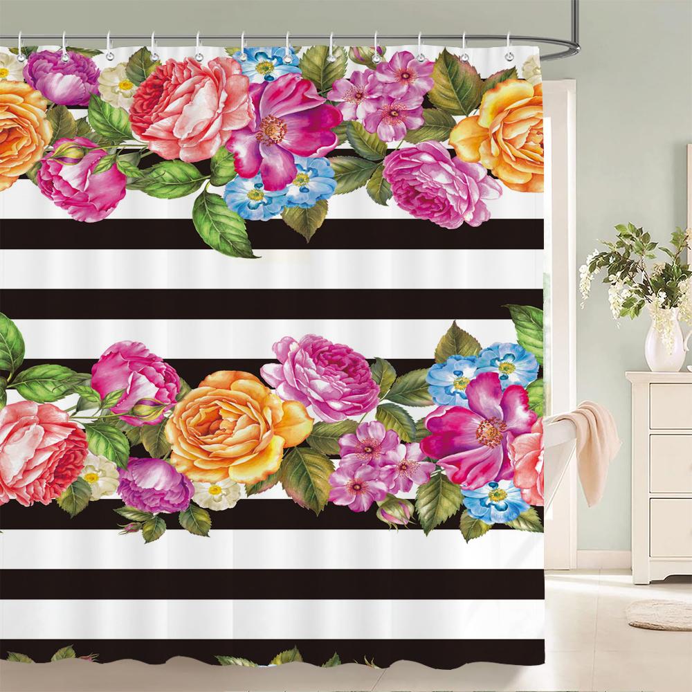 1 Pack of Watercolor Flower Plant Pattern Polyester Shower Curtain Bathroom Partition Curtain with Hooks Home Decorative Curtain