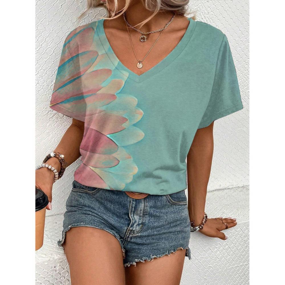 

Женская летняя элегантная нежная удобная футболка с V-образным вырезом и простым ретро-цветочным принтом, свободный топ, большая женская одежда XL