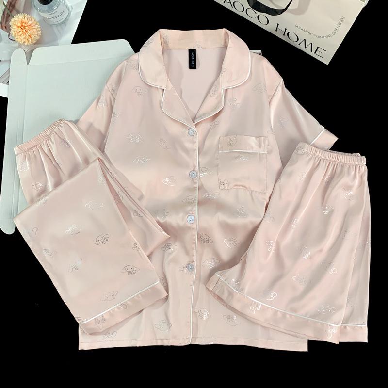 Women's Ice Silk Pajama Set: Built-in Bra, Silver Cinnamon Dog & Cat Top, Shorts & Long Pants