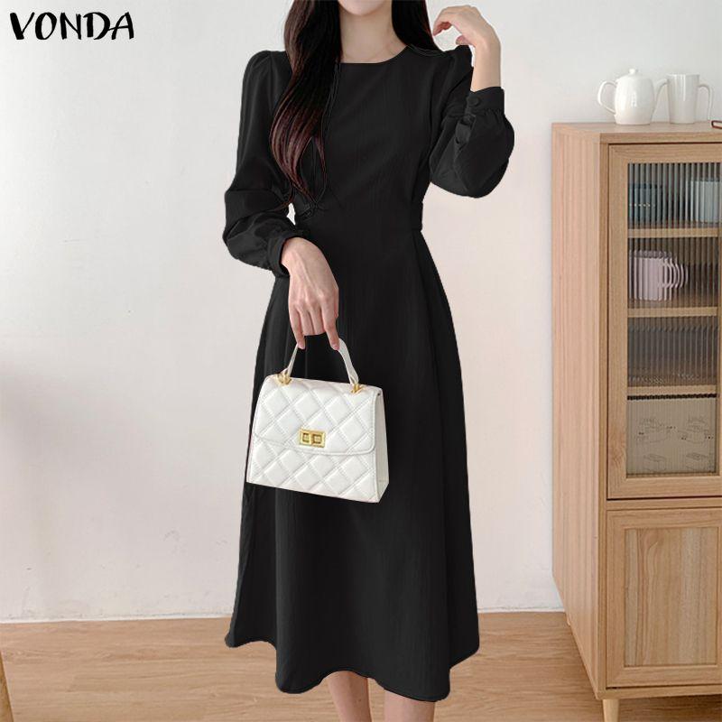 VONDA Women Elegant Round Neck Solid Color Casual Long Sleeve A-line Dress