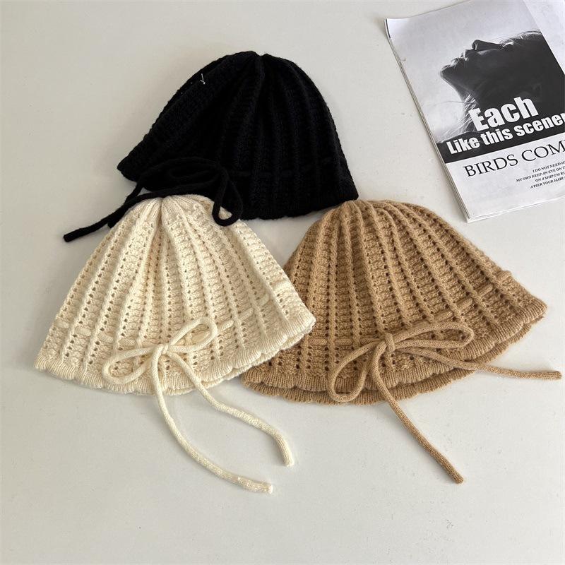 

Sweet bow drawstring knitted hat children autumn and winter gentle beige versatile wool hat bag head cold hat M（56-58cm） хакі