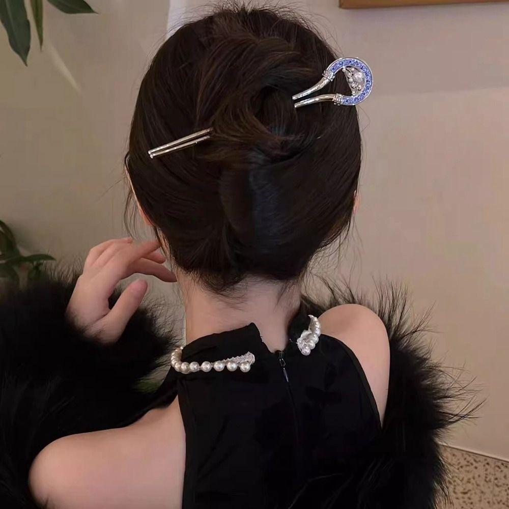 Pearl Metal U Shape Hair Stick Blue and White Porcelain Hanfu Hairpin Retro   Cheongsam Accessories