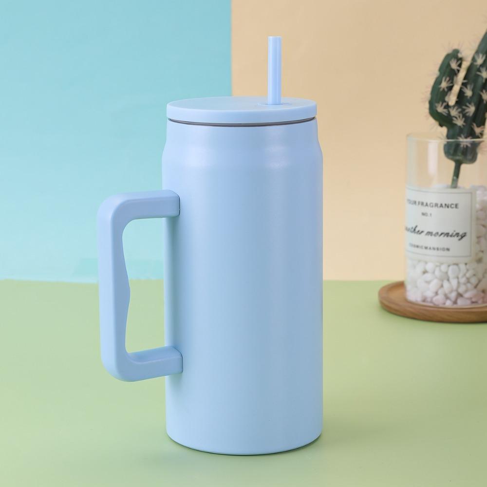 With Handle and Straw Lid Water Bottle Simple Sippy Cup Modern Thermal Cup  Unisex