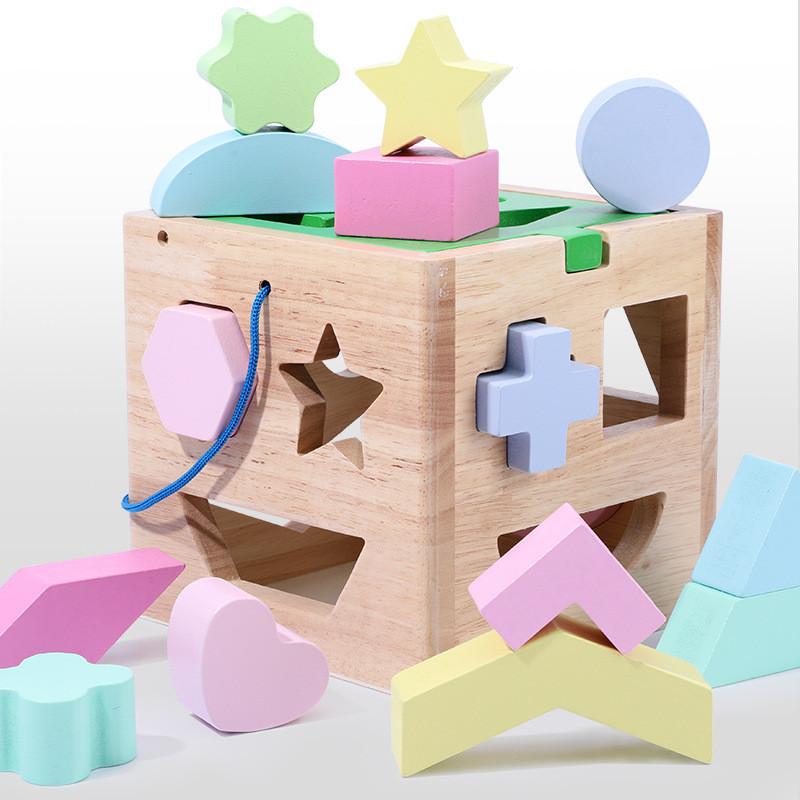 Wooden Childrens Educational Shape Sorting Blocks With Building Toys For Early Learning Development