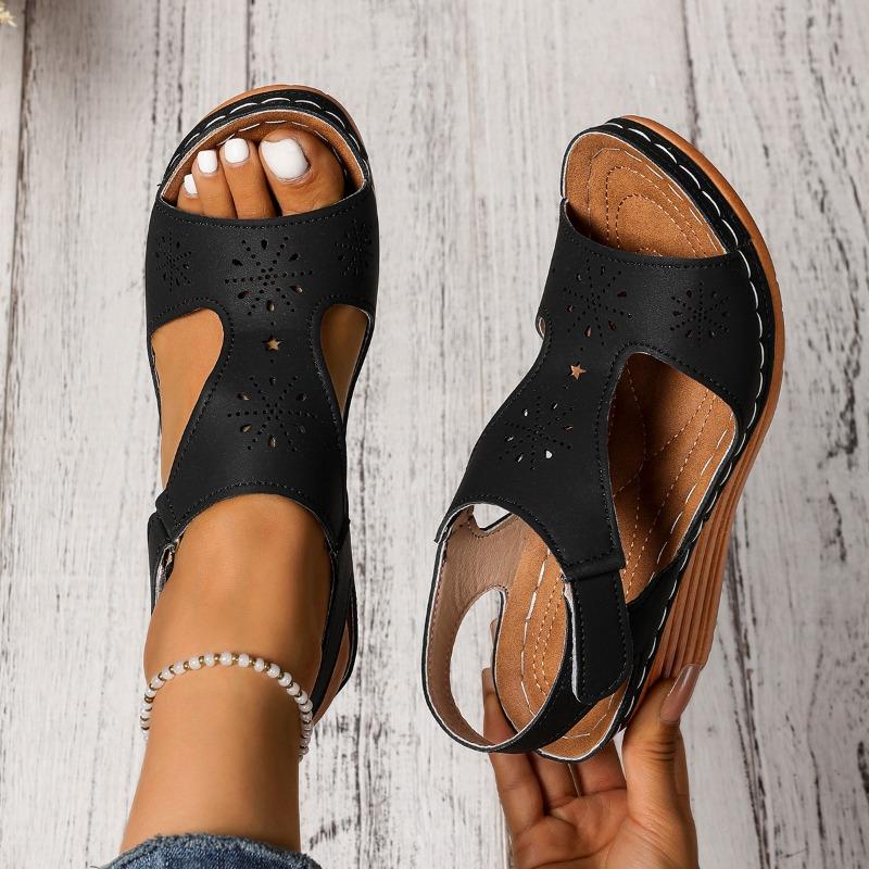 Large size wedge heel sandals for women's summer new thick-soled fish mouth hollow Velcro sandals for women