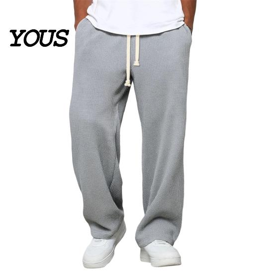Soft Polyester Streetwear Men Waffle Baggy Trousers, Wide Leg Drawstring Waist Slacks, Loose Fit Relaxed Travel Pants Casual Sweatpants with