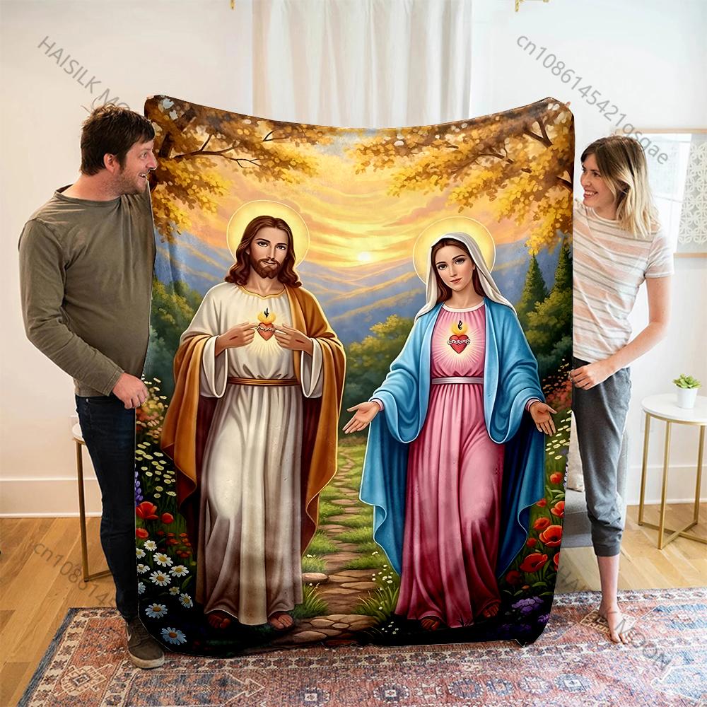 Sacred Hearts figures in garden Print Believer Pray blanket Warm soft flannel material suitable for all seasons luxurious gift