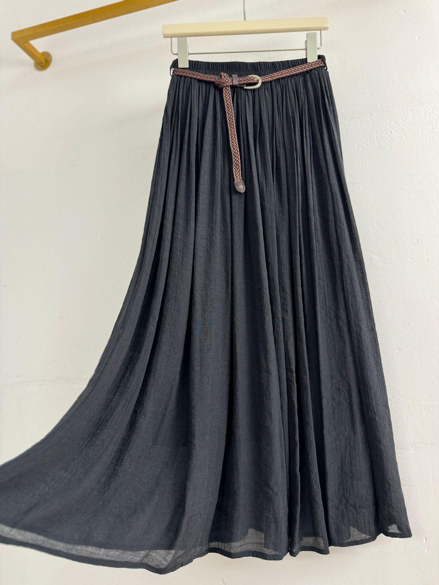 

European-American Cotton Linen Patchwork Midi Skirt: Versatile Classic for Spring/Summer One Size чорний