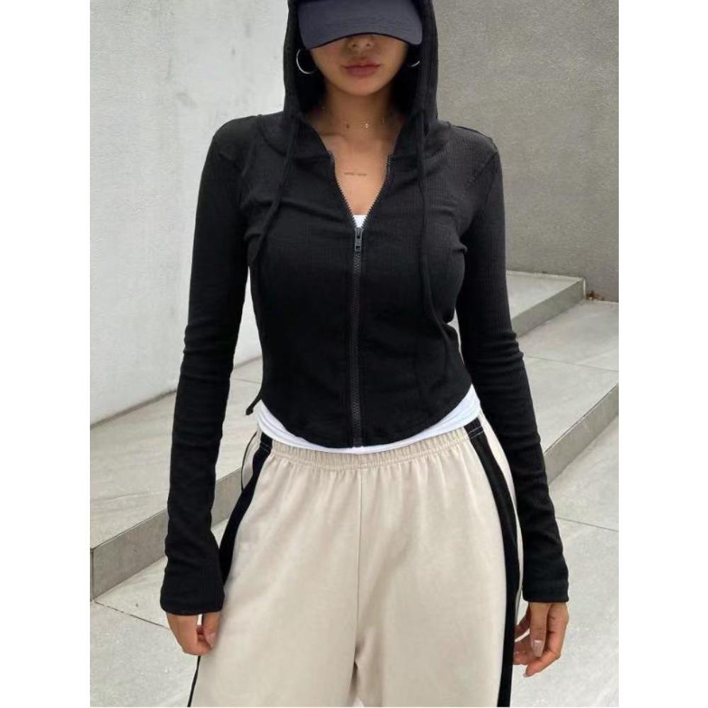 Fashion Women's Ribbed Knit Hoodie, Cropped Zip-Up Long Sleeve Top, Versatile Casual Top for Summer & Spring Daily Outfits