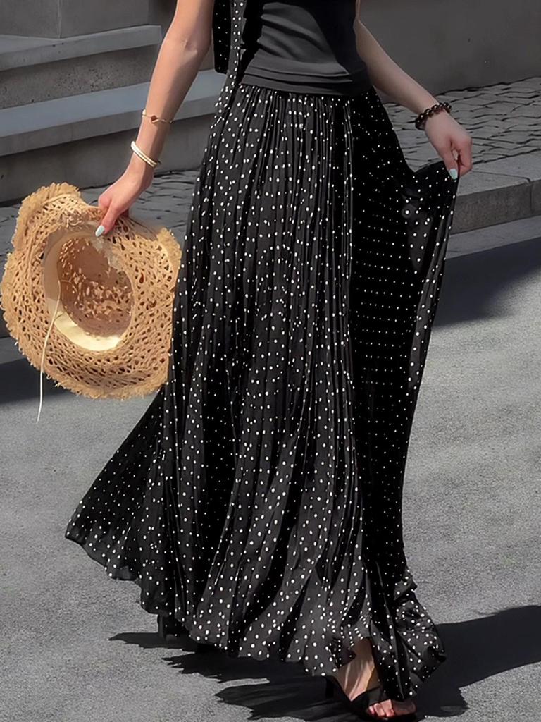 French Polka Dot High Waist Beach Dress - Black
