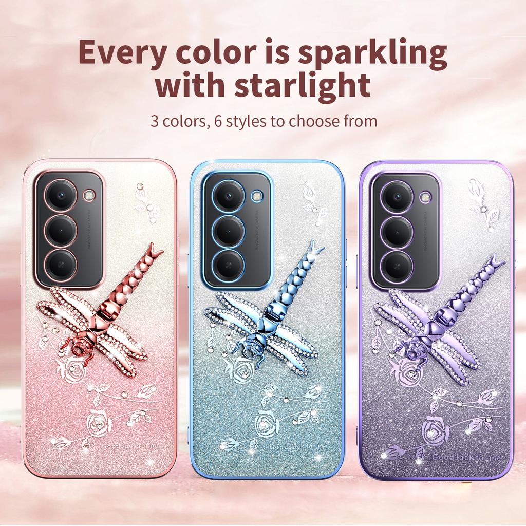 Pro Xiaomi Redmi 15 4G (EU) (171 mm) Pouzdro Dragonfly Stojánek TPU Květiny Třpytivé Pouzdro na Telefon
