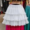 Women's High-Waist Ruffled A-Line Skirt with Mesh Overlay and Safety Lining