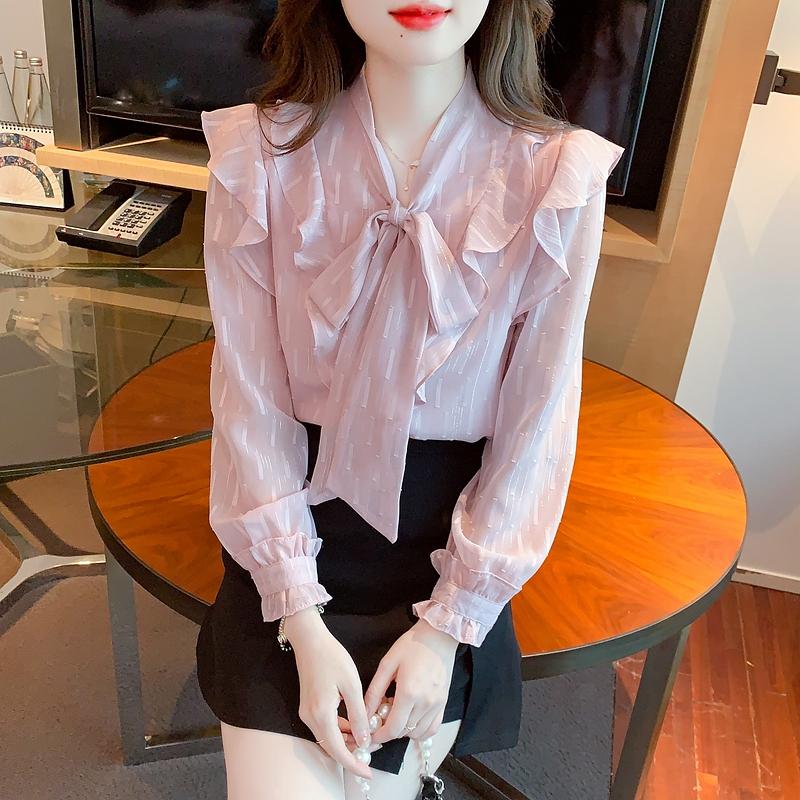 Fashion New 2024 Autumn Long Sleeve Bow Collar Casual Pink Ruffles Chiffon Blouse Shirt Women Tops Blouses Shirts J539