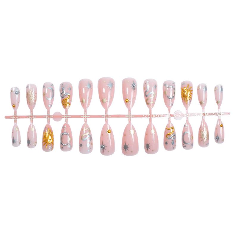 

Градиентные золотые и серебряные патчи для ногтей с дизайном солнца и звезды - Съемные женские миндалевидные ногти