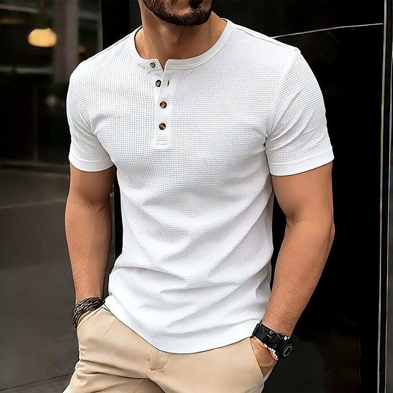 

2026 Summer New Men s Waffle Henry Short Sleeved T-shirt Men s In Stock S белый