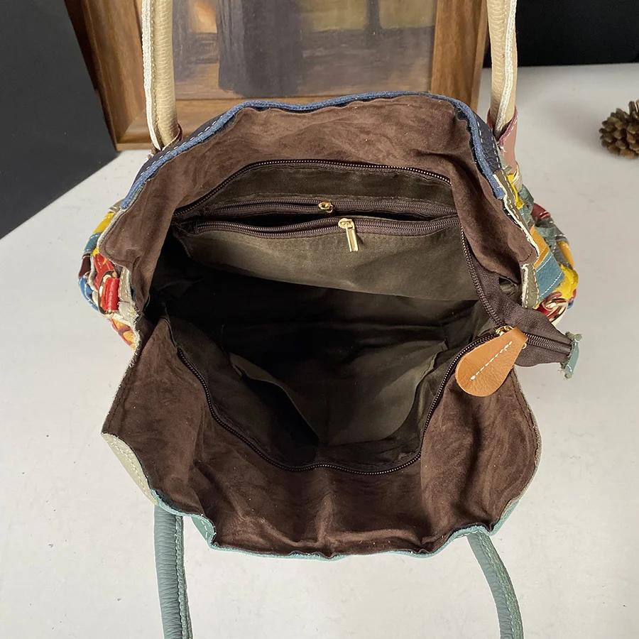 Vintage Women'S Bag, Top Layer Cowhide, Large Capacity Shoulder Bag, Hand Stitched Colorful Flower Women'S  Bag, Crossbody Bag