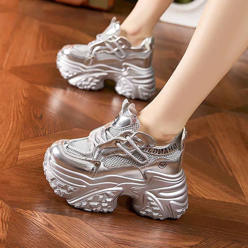 Platform Dad Shoes Women's Spring 2025 New Silver High-end Sports Trendy Shoes Versatile Breathable Inner Height-increasing Women's Shoes