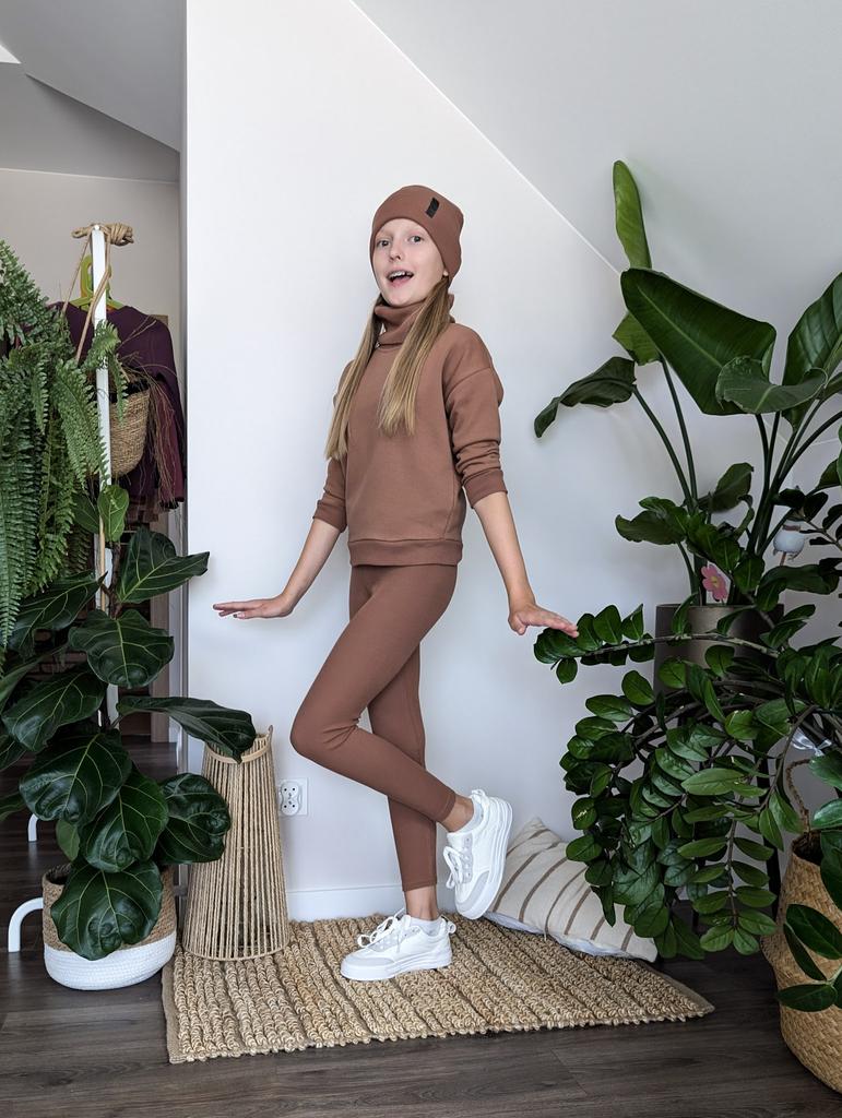 Girls' Ribbed Cotton Leggings, Walnut, Size 128/134