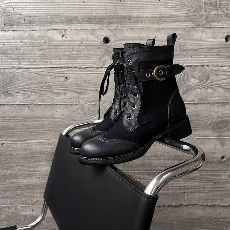 Autumn and Winter Leather Knight Boots Women's Thick-soled Non-slip Medium Heel Round Head Versatile Women's Leather Boots New Cowhide Medium Boots
